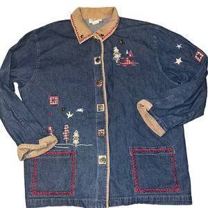 Holiday Christmas USA themed denim and corduroy shacket women size petite XL